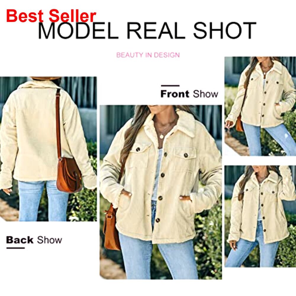 Corduroy Sherpa Jacket Button Down Fleece Collar Winter Coat Loose Fit - Picture 4 of 7